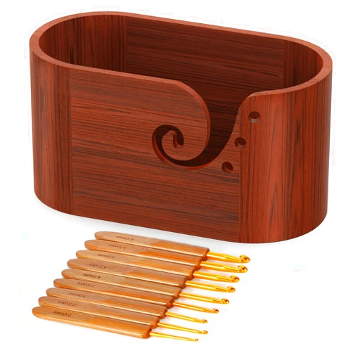 HangerSpace Wooden Yarn Bowl with 9pcs Knitting Hooks, Hangerspace Yarn Bowls for Crocheting, Large Size Handmade Knitting Yarn Holder, Wood Storage Crochet Bowl for Crocheting and Knitting Lovers