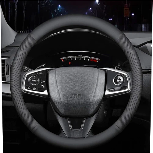HAOTULE New Nappa Leather car Steering Wheel Cover, Anti-Slip, Safety, Soft, Breathable Full Surround Universal 15 inch Black