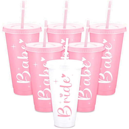 Gerrii 6 Pack Bride Babe Bachelorette Cups for Bachelorette Party 24 oz Pink Plastic Bridesmaids Cups with Lid and Straw for Wedding Gifts
