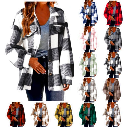 ABOUTYES Flannel Shacket Women 2024 Fall Casual Button down Plaid Shirts Oversized Fleece Lined Jackets Coats Ladies Shackets
