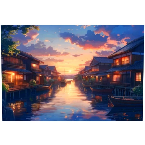 Wonllery 1000 Pieces Puzzle for Adult Fishing Village at Dusk Anime Wooden Jigsaw Puzzles Challenging Educational Interactive Toys for Family Creative Gift Thick Sturdy Hard Challenging Difficult