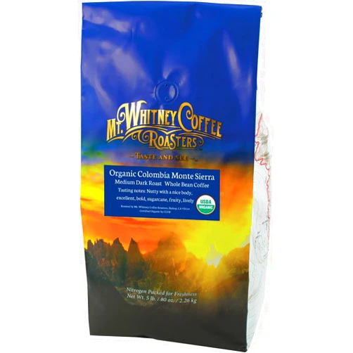Mt. Whitney Coffee Roasters Mt. Whitney Colombia Monte Sierra Organic, Single Origin, Medium Dark Roast, Smooth Full Flavored, Low Acid Coffee (Whole Bean, 5 Lb)