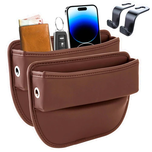 WowGood Car Seat Gap Filler Organizer, Premium Leather Car Seat Organizer, Car Front Seat Storage Box for Phones, Keys, Wallet, Glasses (Brown, 2 Pack)