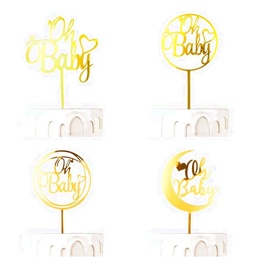JYNice Oh Baby Cake Topper Gold Acrylic Baby Shower cake toppers Mirror Gold Elegant Handwriting “OH BABY” Sign Girl Baby Shower Boy Cake Topper Gender Reveal Baby Shower（4 pieces）
