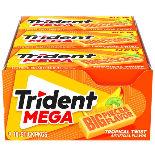 Trident Mega Tropical Twist Sugar Free Gum, 9 Packs of 10 Pieces (90 Total Pieces)