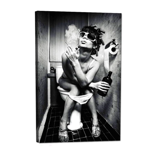 Yatsen Bridge Modern Fashion Sexy Woman Canvas Art Smoking Lady Sitting in A Toilet with An Alcohol Bottle Painting Prints on Black and White Posters Ready to Hang for Bathroom Bedroom Decor - 12''W x 16''H