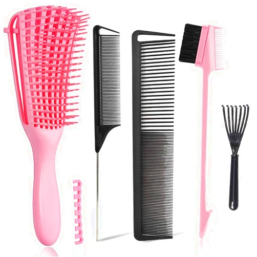MISSUHUI EZ Detangler Brush with Edge Brush, Rat Tail Combs Set for Natural, Curly, Wet/Dry, Black Hair, Flex Detangling Brush set for Hair Style and Cuting, No Pain and Easy Clean in Daily Use（Pink + Black)