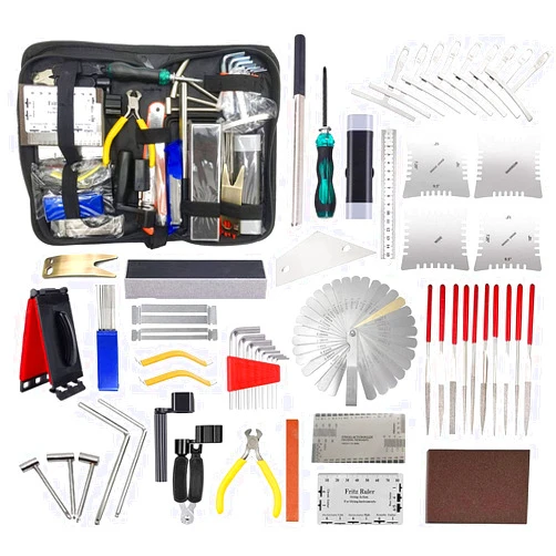 TUOREN 61Pieces Complete Guitar Repairing Tool Kit with Ruler Gauge Measuring Tool Hex Wrench Files Fingerboard Guard Grinding Stone Guitar Gift for Acoustic Electric Guitar & Bass Banjo