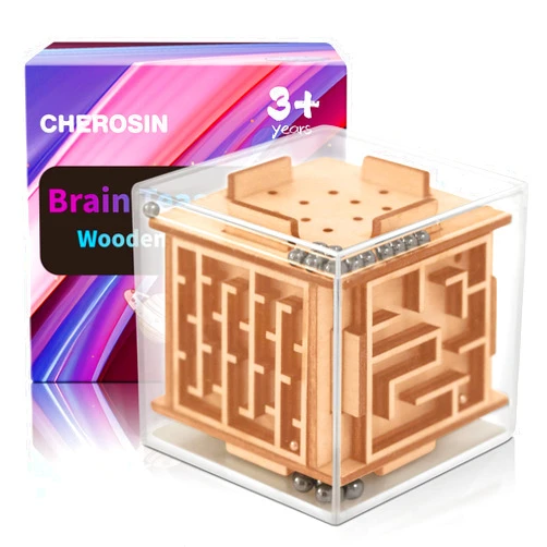 CHEROSIN Fidget Puzzle Cube Toy for Adults - 6-Sided Wooden Brain Teaser Magic Cube for Anxiety Relief,Handheld Fidget Maze Cube IQ Balance Games for Travel,Birthday Gifts for Kids Men Teenage Boys