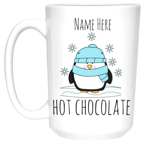 MugzyMugz Custom Hot Chocolate Mug Gift Personalized Kids Hot Cocoa Mugs Custom Coffee Cup Penguin Keepsake Ceramic Tea Cup (15oz White)