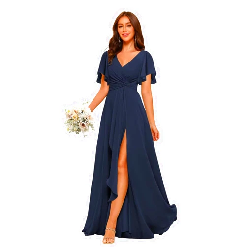 PUXIU Women's Bridesmaid Dresses with Slit Chiffon 2024 Flutter Sleeves Bridemaid Dress with Pockets PU171