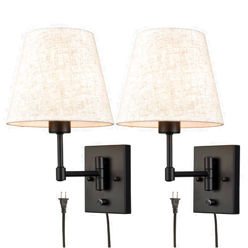 SAMTEEN Swing Arm Wall Sconces Set of Two Modern Black Sconce Light Plug in Wall Sconce with Shade, Black Swing Arm Wall Lamp with Plug in Cord for Bedroom Foyer Living Room