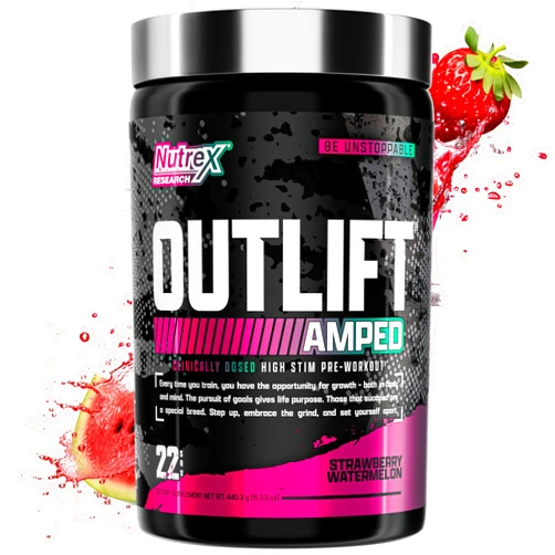 Nutrex Research OUTLIFT Amped Max Dosed HIGH STIM Pre Workout Powder 6G Citrulline, 3.2G Beta Alanine, Alpha GPC, CognatiQ, Extreme Energy, Massive Pumps, Electrolytes (Strawberry Watermelon, 22 Servings)