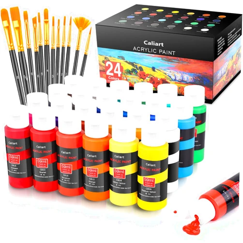 Caliart Acrylic Paint Set With 12 Brushes, 24 Colors (59ml, 2oz) Art Craft Paints Gifts for Artists Kids Beginners & Painters, Halloween Pumpkin Canvas Ceramic Rock Painting Kit Art Supplies