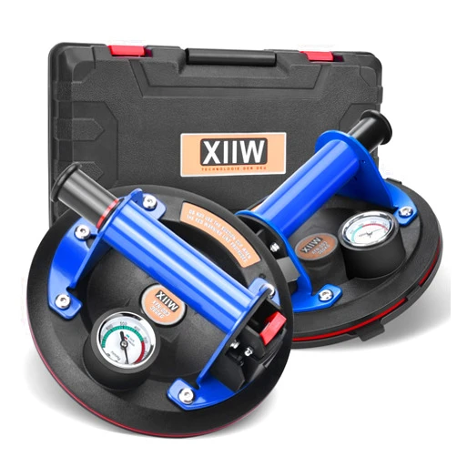 XIIW 8'' Glass Suction Cups to Lift Large Glass 2 Pack, Metal Handle, 794 lbs Load Capacity, Vacuum Suction Cup Lifter with Pressure Gauge for Tiles, Windshield, Window, Glass Lifting with Carrying Case