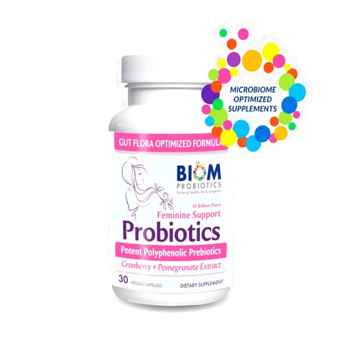 Biom Probiotics Biom Complete Feminine Balance Women's Daily Probiotics + Prebiotics with Organic Cranberry & Pomegranate with Lactobacillus crispatus, Gluten &, Dairy-Free. 30 Servings