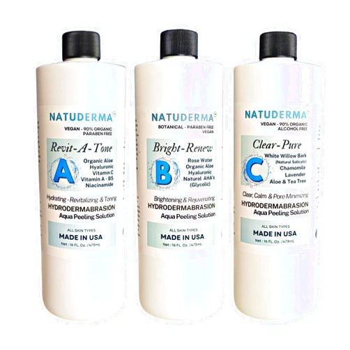NATUDERMA Hydrodermabrasion Solution, Aqua Peeling Serum, Solution for Wet Microdermabrasion, 3 bottles of 16 oz each, Natuderma Hydro Serum. MADE IN USA