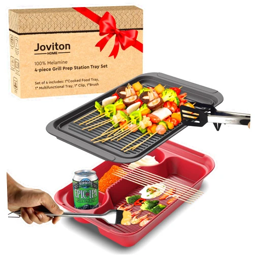Joviton HOME 4PCS Melamine Grill Prep Station Tray Set, Outdoor BBQ Grill Station Accessories for Raw and Cooked Food, BBQ Grill Tools Added, from Wife