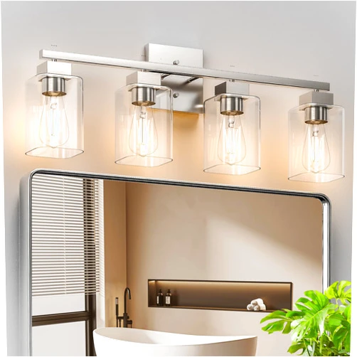 Espird 4 Light Bathroom Vanity Light - Brush Nickel Bathroom Light Fixtures Square Design & UL Certification & Square 26” Silver Bathroom Lights Fixture Over Mirror, Brush Nickel Light for Bathroom