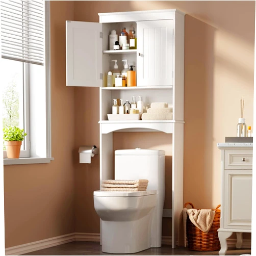 Gizoon Over The Toilet Storage Cabinet with Adjustable Shelf and Double Doors, Bathroom Space Saver Organizer Above Toilet with Open Shelf, Taller Wooden Free Standing Toilet Rack -White