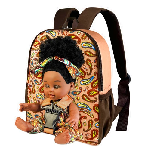 Nice2you Black Baby Doll in Take Along Backpack Carrier, 10in American African Girl Doll for Toddlers and Kids Aged 1-3 2 4 5 Year Old, Backpack for Baby Doll Accessories Storage