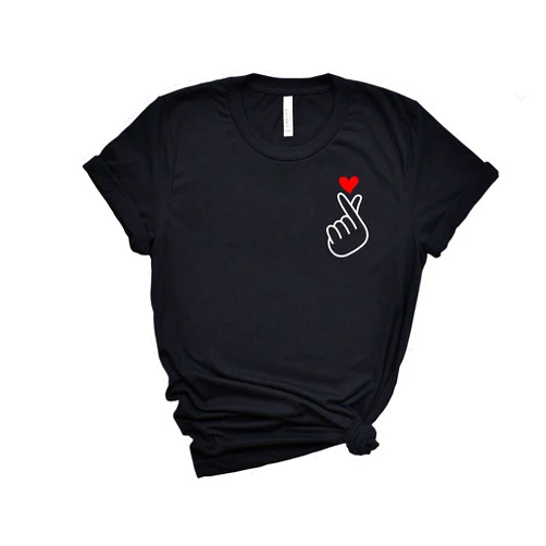 Handmade Korean Saranghae Finger Heart I Love You T-Shirt, Korean Pop Merchandise Shirt, Birthday Gift Ideas for K-Drama and Korean Pop Fans, South Korea Tee For Women, Girls Boys Borahae Graphic Tops