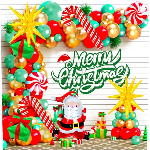 Iyovgoo 153Pcs Christmas Balloon Garland Arch Kit, Red Metallic Green Gold Balloon with Santa Claus Candy Cane Gift Box Star Explosion Foil Balloons for Xmas New Year Party Decorations Supplies