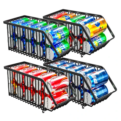 Boeetech Stackable Soda Can Dispenser Organizer Rack, Stacking Can Dispensers Refrigerator Organizer Bins Pop Soda Organizer Dispenser Canned For Fridge, Freezer, Kitchen, Cabinets (Black, 4)
