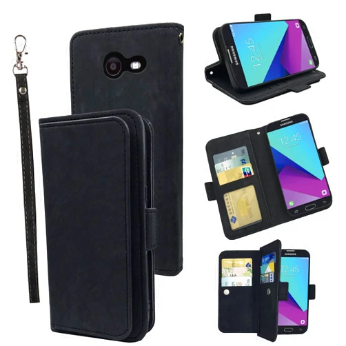 Furiet Compatible with Samsung Galaxy J7 Prime 2017 J 7 Skypro Sky Pro J7V V S727VL Wallet Case Wrist Strap Lanyard Leather Flip Card Holder Cell Phone Cover for Glaxay Halo 7J Perx J7prime Black