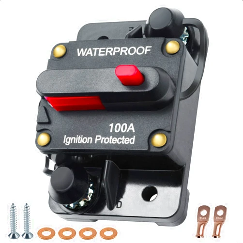 BFXM 100 amp Circuit Breaker, Manual Reset Inline Fuse Waterproof Circuit Breaker for Car Marine Trolling Motors Solar System, 12V-48VDC with Wire Lugs Copper Washer