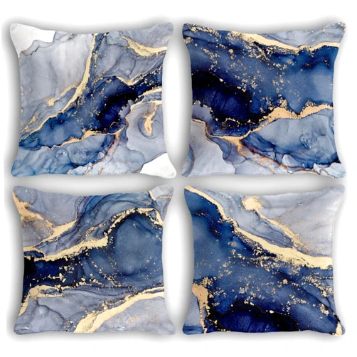OGILRE Blue and Gold Pillows, Modern Abstract Marble Texture Blue Gold Watercolor Print Art Home Bedroom Decorations Soft Throw Pillow Cover, Drawing Boho Pillow Case Pillowcase, 18x18 Inch 4 Pcs