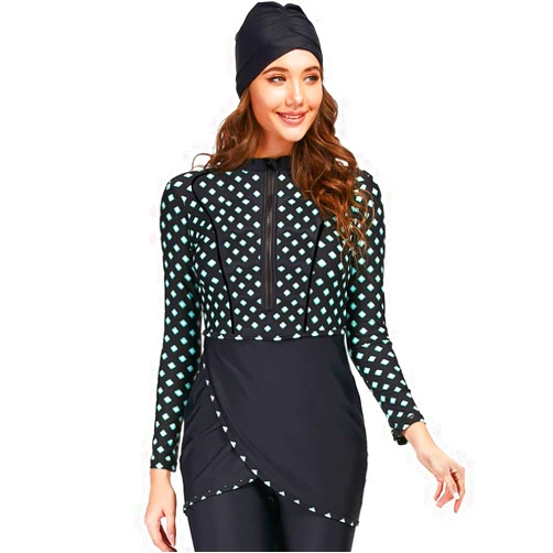 IBAKOM Muslim Swimsuit for Women Three Pieces Tummy Control Modest Swimsuits Long Sleeve Full Coverage Swimwear with Hijab