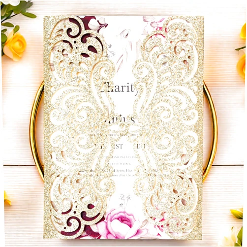 YHOTA 20 Pcs Laser Cut Wedding Invitations Card Pocket with Envelope for Birthday Party Baby or Bride Shower Invite Fit for 5 * 7 Inches Insert Sheet (Champagne Gold Glitter, 20 pcs)