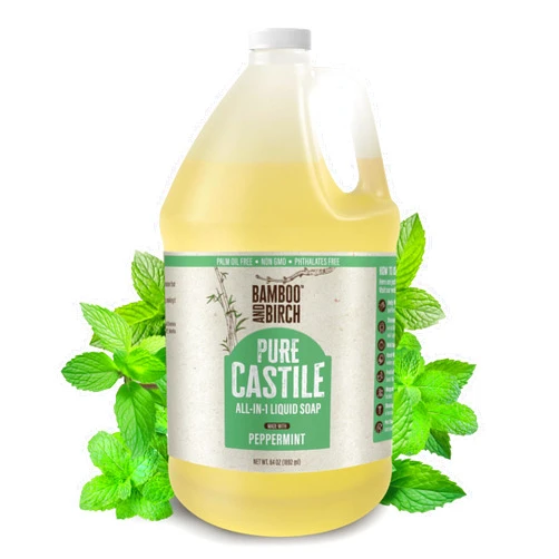 BAMBOO AND BIRCH Pure Castile Soap Liquid Organic, Certified Palm Oil Free Natural Soap, Peppermint, 64 oz