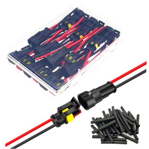 Twippo 10 Kit 16 AWG 2 Pin Connector Waterproof Wire Connectors 2 Pin Automotive Electrical Connectors Quick Disconnect 2 Wire Connectors with 16 Gauge Wire and Heat Shrink Tubing Kit