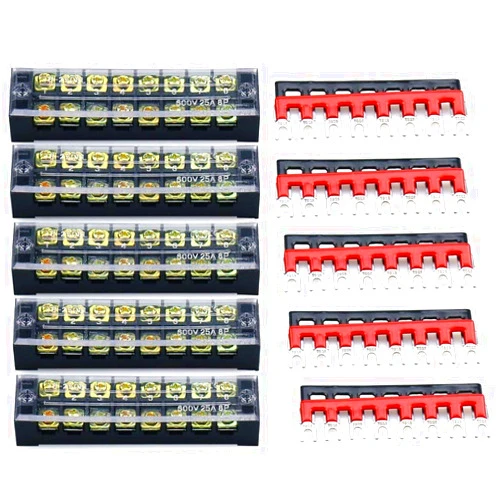 URBEST Terminal Block Barrier Strip 5Pack Dual Row 600V 25A 8 Position Screw Block and 10Pack 8 Postion Pre-Insulated Fork Terminal Strip Black/Red 400V 25A