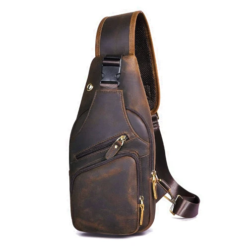 Le'aokuu Men Fashion Casual Tea Designer Travel Hiking Crossbody Chest Sling Bag Rig One Shoulder Strap Bag Men Leather 8015…
