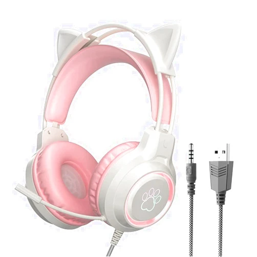 JINSERTA Gaming Headset with Removable Cat Ears, 3.5mm Wired Headphones with Adjustable Microphone, Extendable Padded headband, Noise Cancelling and RGB Light Headphones for Xbox/PS4/Switch/Mac/Phone (Pink)