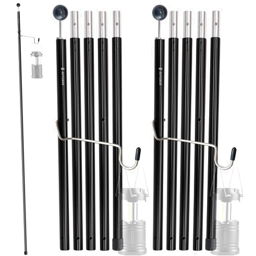 Sutekus Aluminum Poles Tarp Poles Replacement Accessories 5 Section Multifunction Aluminum Rod with Lantern Hook for Camping Shelters Canopy Support 2 Poles (Black)