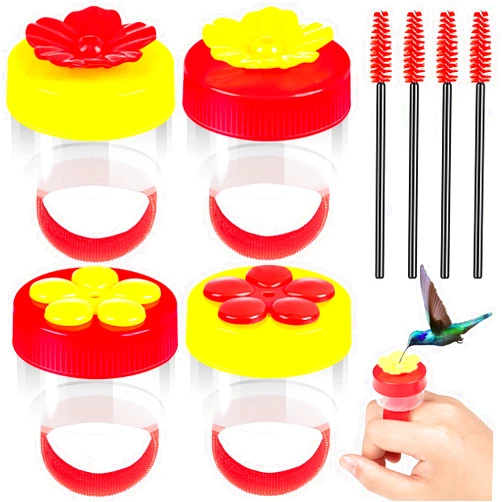 ZHBDMGK Hand Held Hummingbird Ring Feeders, 4Pcs Mini Hummingbird Hand Feeder with 4Pcs Cleaning Brush, Window Humming Wild Bird Feeders Tools for Outdoors Supplies