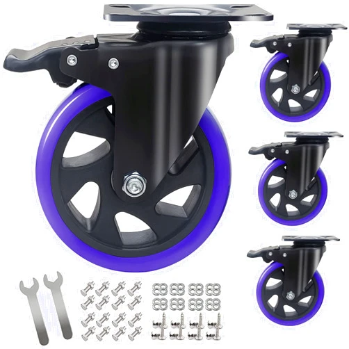 Wieyunn 5 Inch Caster Wheels with Brake, Heavy Duty Casters Set of 4 2200lbs, Swivel Casters with Double Ball Bearings, Dual Locking Casters,Wheels for Cart,Furniture,Cabinets,Workbench (Two Hardware Kits）
