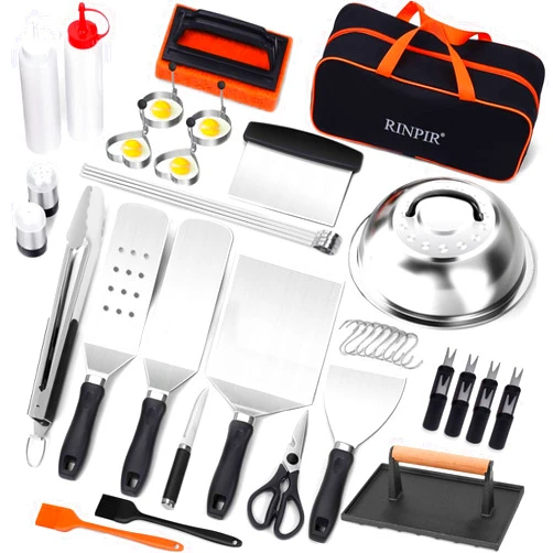 RINPIR 42pcs Griddle Accessories Kit for Blackstone, Flat Top Spatula Set with Enlarged Spatulas, Melting Dome and Burger Press, Professional Hibachi Tools Gifts for Outdoor BBQ Teppanyaki
