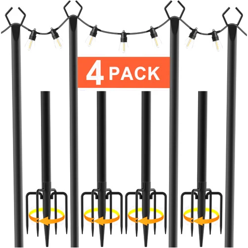 AILBTON 10Ft String Light Poles 4 Pack,Light Poles for Outside Lights,Outdoor with Fence Brackets Hanging Lights,Metal Stand Deck Patio Backyard