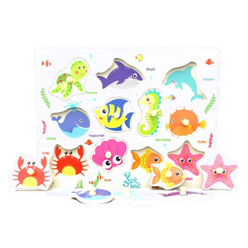 Z MAYABBO Wooden Peg Puzzle, Sea Creature Chunky Baby Puzzles, Colorful Wood Shape Puzzle Peg Board, Animal Knob Puzzle for Educational Toddlers 18 Months and Up, 11 Pieces