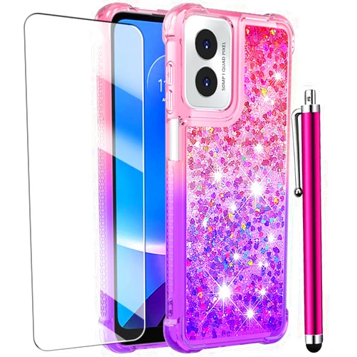 CAIYUNL for Moto G Play 2024 Case with Screen Protector, Cute Women Girls Glitter Bling Liquid Floating Phone Case Slim TPU Soft Silicone Shockproof Girly Cover for Motorola G Play 2024 -Pink Purple