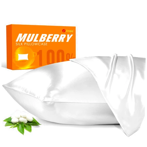 J JIMOO 100% Mulberry Silk Pillowcase for Hair and Skin, 22 Momme Pure Natural Silk Pillow Case Both Sided with Zipper, Pillow Cover for Women Mom Men (White, Queen 20''×30'', 1 Pack)
