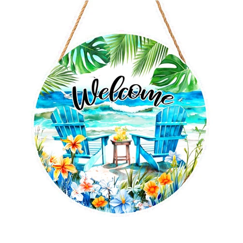 ADIKJXQH Welcome Summer Sea Chair Front Door Sign 12 X 12 Inches Summer Door Hanger Wall Pediment Round Wooden Beach Wreaths for Front Door, Farmhouse Summer Welcome Wall Hanging