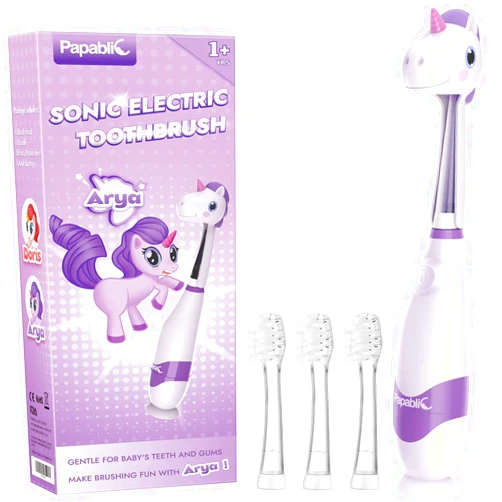Papablic Toddler Sonic Electric Toothbrush for Ages 1-3 Years, Baby Electric Toothbrush with Cute Unicorn Cover and Smart LED Timer, 4 Brush Heads (Arya)