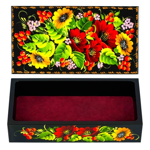 UA Creations Petrykiv Ethnic Rectangular Wooden Lacquer Jewelry Box with Lid, Hand Painted Flowers on Black (red, yellow, green)