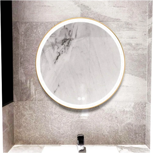 DECORAPORT 28 Inch Slim Light Luxury Gold Color Frame Round LED Bathroom Mirror Mirror with Touch Button, Anti Fog, Dimmable, Vertical Mount (D-D902-2828)